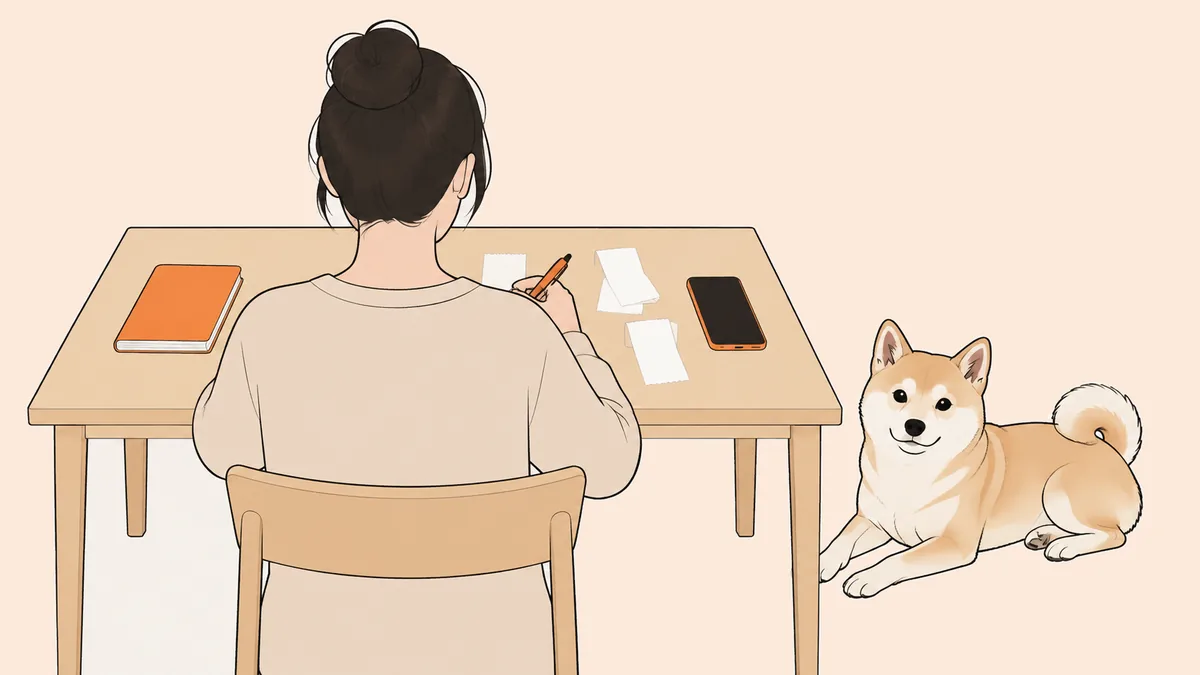 机に向かってペンを持つ人の後ろ姿と、机の上のノート・レシート・スマホ。そばの床で柴犬の雑種が伏せているイラスト