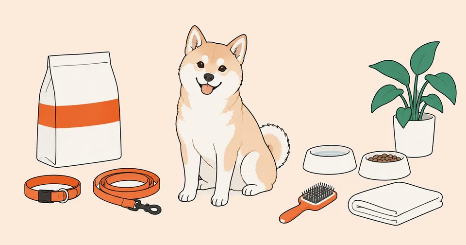 お座りした柴犬の雑種のまわりに、ドッグフードの袋、首輪とリード、ブラシ、ごはんと水の器、たたんだタオル、観葉植物が並ぶイラスト