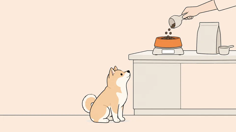 キッチンのはかりにのせた器にフードを入れる手と、床で見上げて待つ柴犬の雑種のイラスト