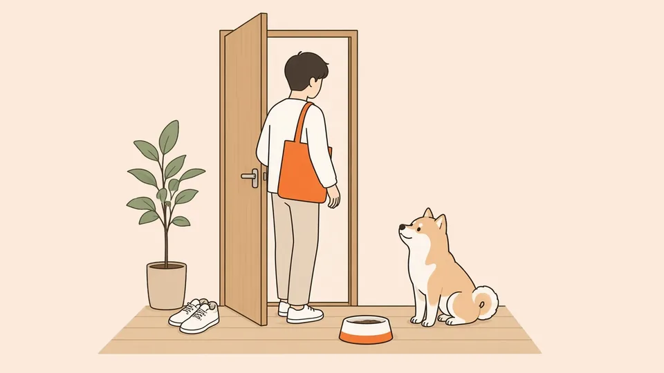 玄関の戸の前に立つ人の後ろ姿と、床に座って見送る柴犬の雑種のイラスト。オレンジのトートバッグ、観葉植物、水の器