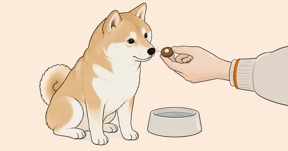 指でつまんだ丸いおやつに白い錠剤が少しのぞいていて、座った柴犬の雑種がにおいをかいでいるイラスト。足もとに水の器