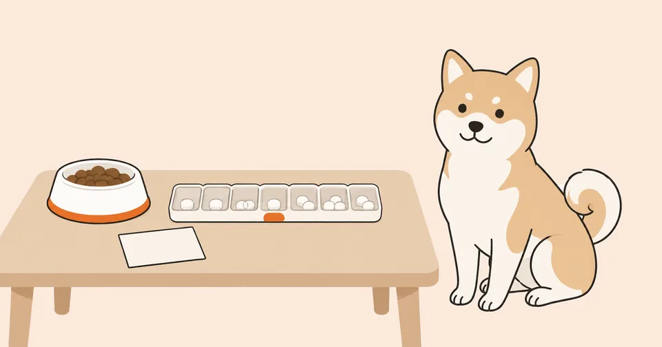 1週間分のピルケースとごはんの器がのったテーブルのそばに、柴犬の雑種が座っているイラスト