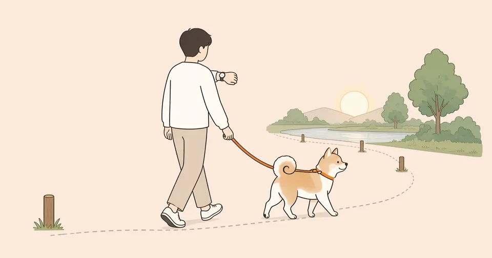 川沿いの遊歩道を、柴犬の雑種とオレンジのリードでつながった人が後ろ姿で歩きながら、腕時計に目をやっているイラスト。足もとから道の先へ点線の道のりと小さな木の杭が続き、遠くに低い朝日