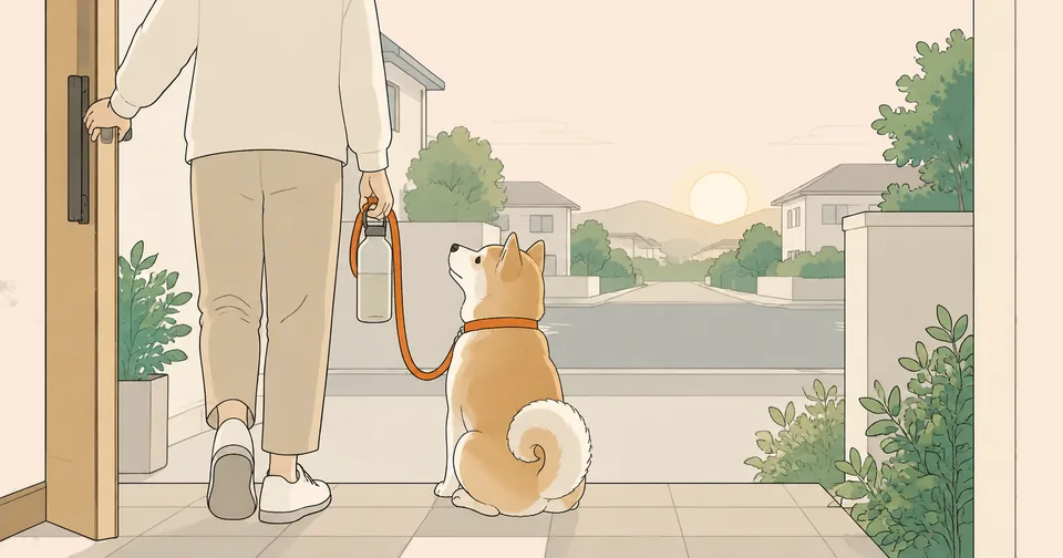 夏の朝、玄関の戸を開けた人の後ろ姿と、リードをつけて座り、見上げている柴犬の雑種のイラスト。人の手にリードと水の入ったボトル、通りの向こうに低い朝日