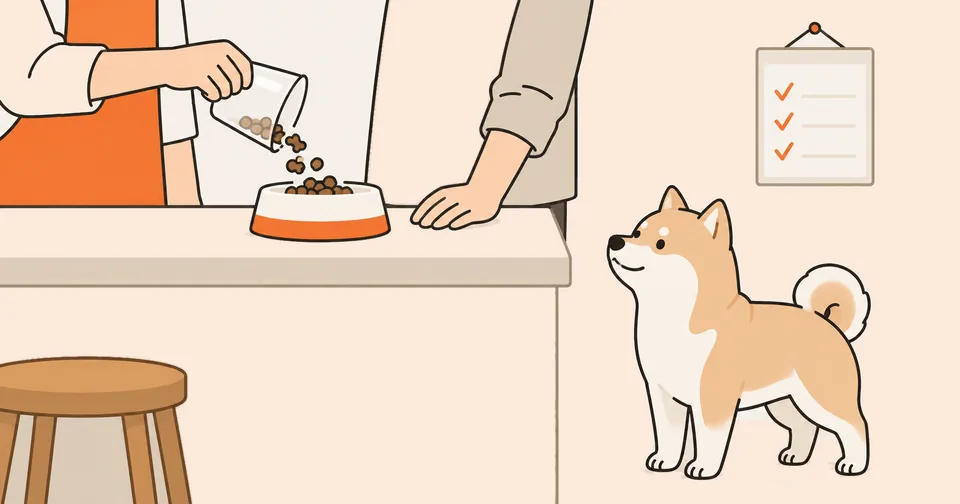 キッチンで家族がごはんを量って器に入れ、柴犬の雑種が待っているイラスト