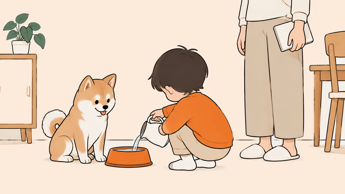 子どもが犬の水入れに水をそそぎ、そばで大人がノートを持って見守っているイラスト