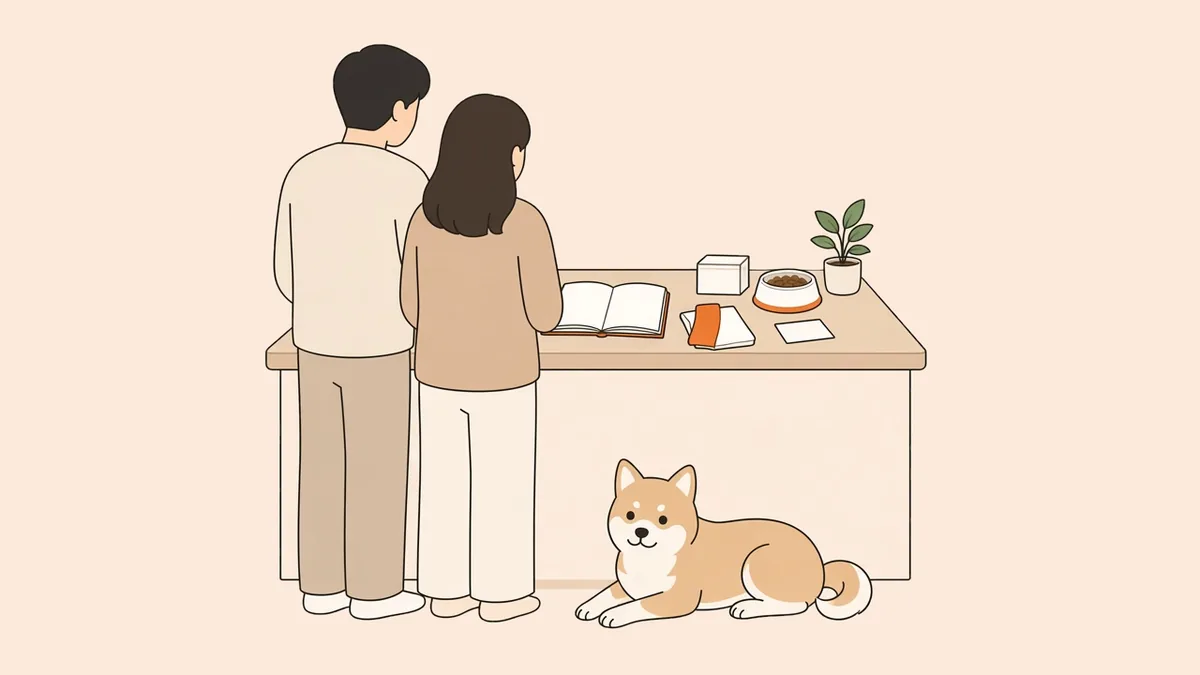 キッチンのカウンターで、後ろ姿の2人がノートを見ている。床で柴犬の雑種が伏せているイラスト