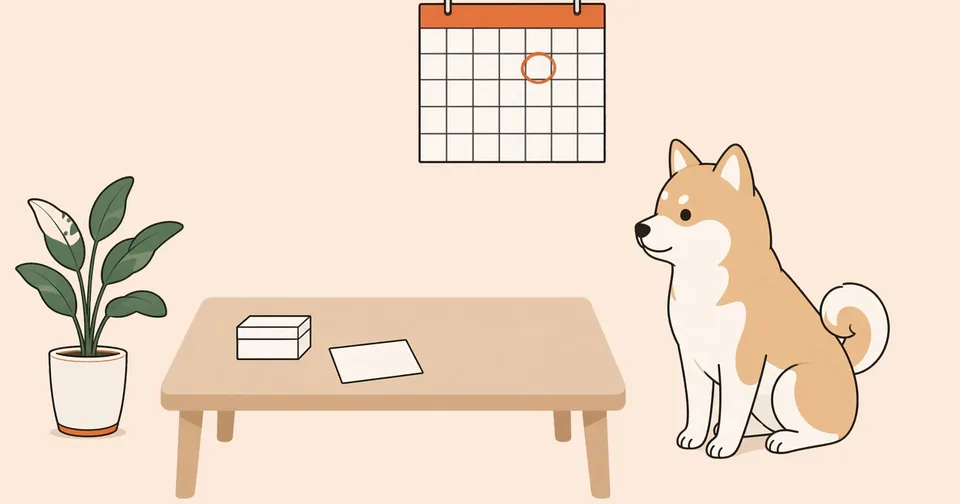 壁のカレンダーに丸がついていて、低いテーブルの上に小さな箱と白紙。そばに柴犬の雑種が座っているイラスト