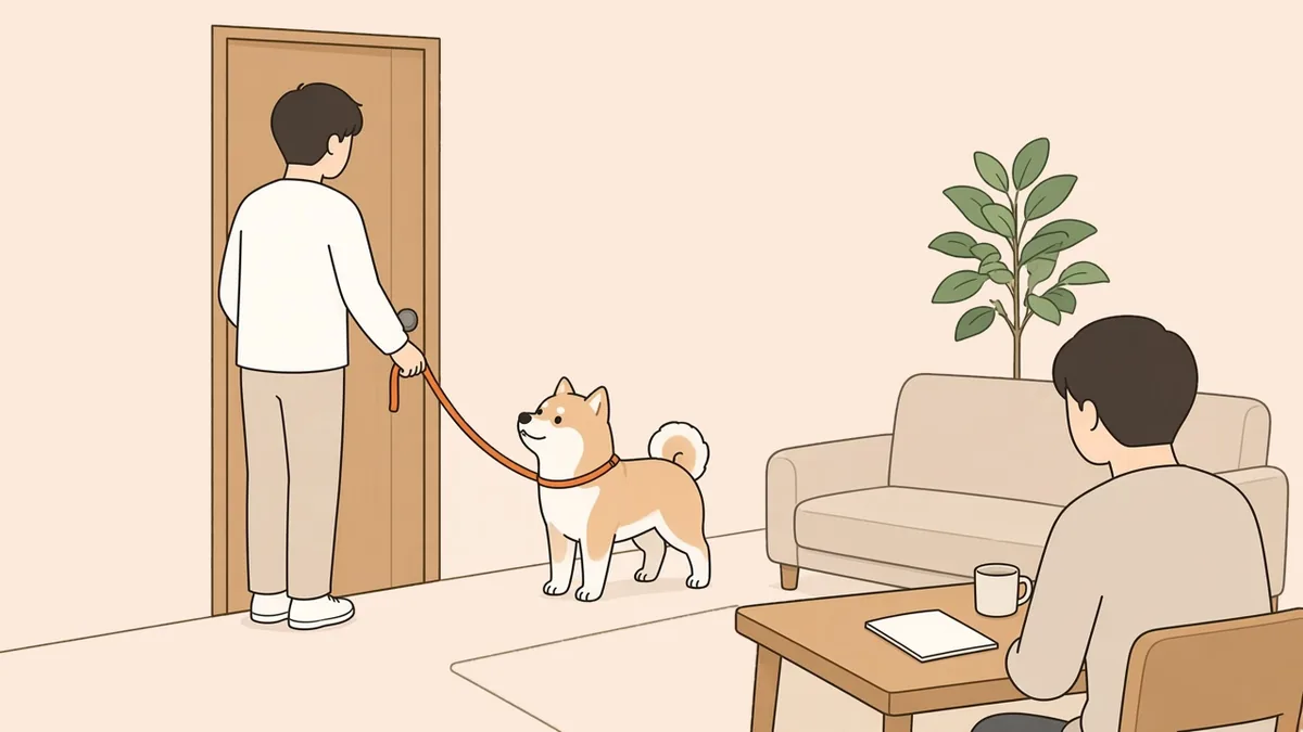 玄関でリードを持って出ようとする人の後ろ姿と、見上げる柴犬の雑種。奥のテーブルでは別の人がノートを開いているイラスト