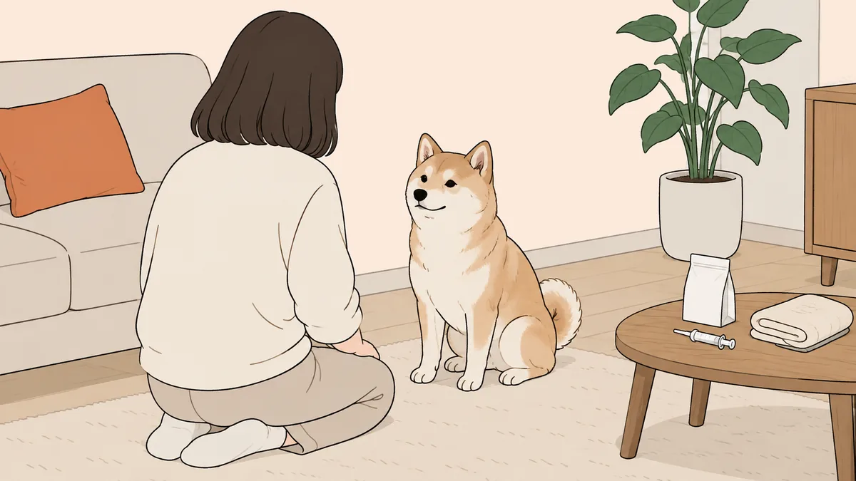 床にひざをついた人の後ろ姿と、向かい合って落ち着いて座る柴犬の雑種のイラスト。低いテーブルに薬の袋とシリンジ、たたんだタオル