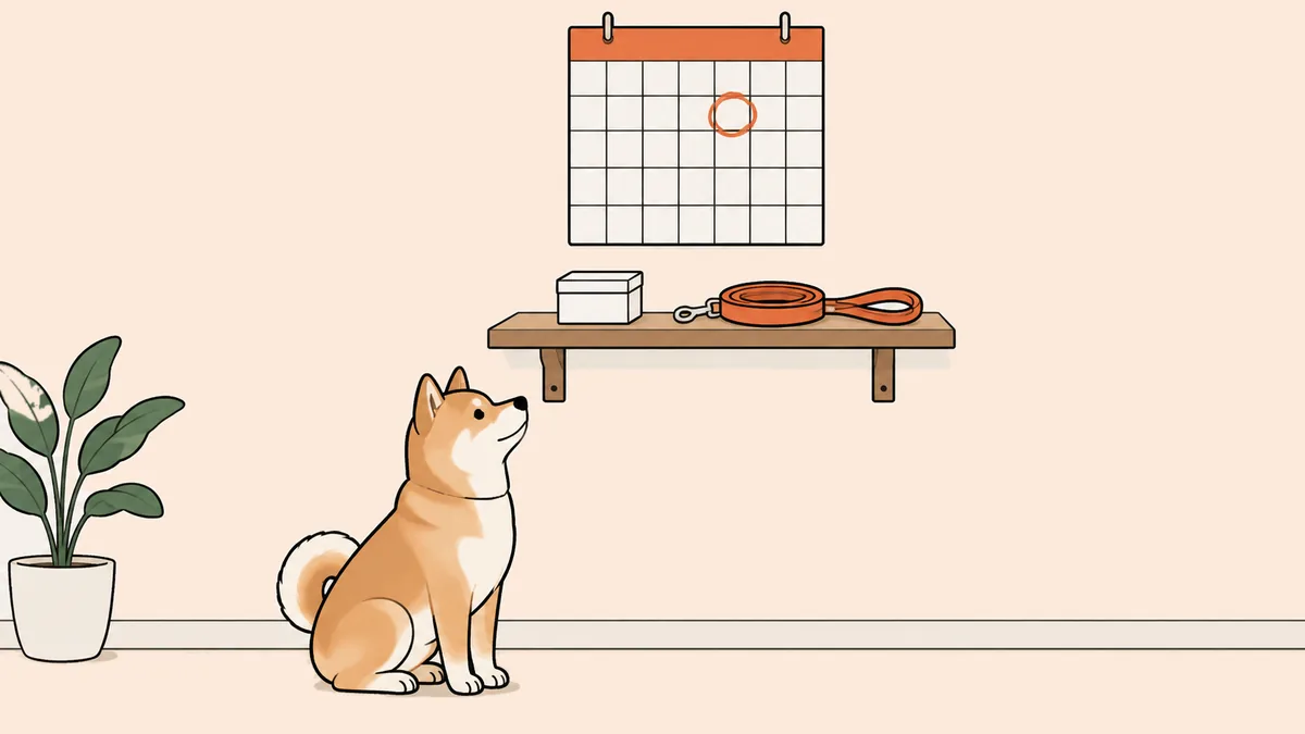 ひとつの日に丸をつけた壁のカレンダーと、棚の上の薬の箱とリード。下で柴犬の雑種が見上げているイラスト