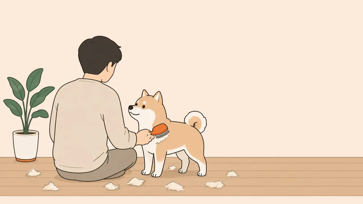 床に座った人の後ろ姿が、柴犬の雑種をオレンジのブラシで梳いているイラスト。足元に抜け毛、左に緑の鉢植え