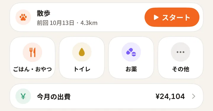 ホームの記録ボタン。散歩の「スタート」、その下に「ごはん・おやつ」「トイレ」「お薬」「その他」、いちばん下に「今月の出費」