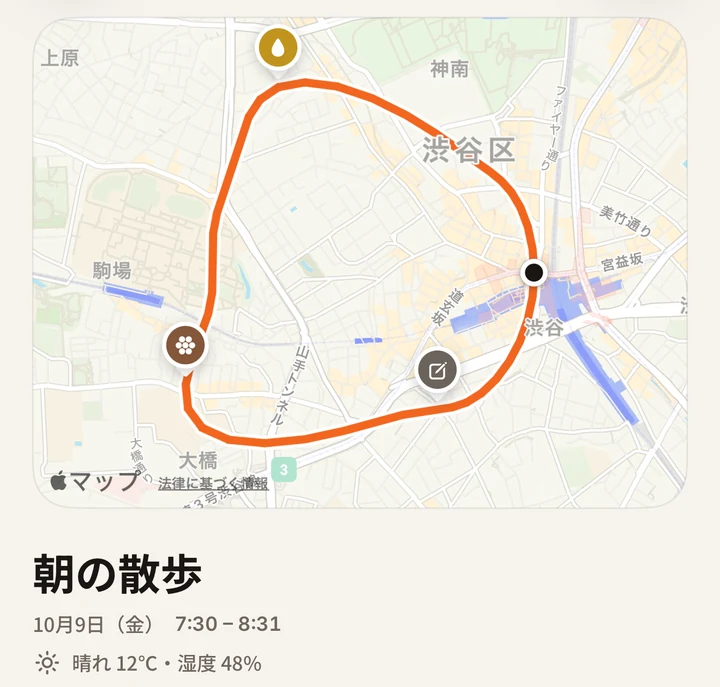 散歩の記録。地図に歩いた経路と、おしっこ・うんち・メモのピン。下に「朝の散歩 7:30〜8:31 晴れ 12℃・湿度 48%」