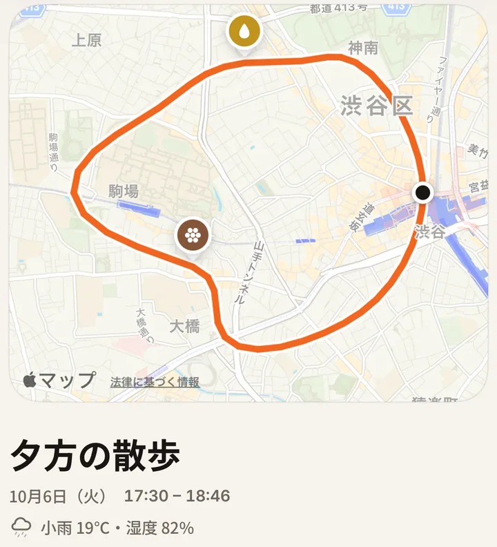 散歩の記録。地図に歩いた経路、その下に「夕方の散歩」「10月6日（火）17:30 − 18:46」「小雨 19℃・湿度 82%」